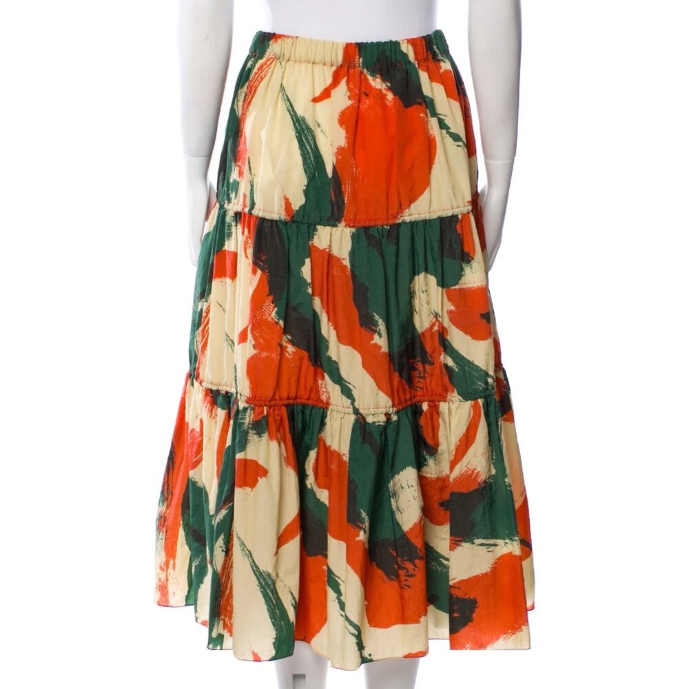 KENZO Cameo Print Tiered Midi Skirt Orange Green Cream Abstract Brushstroke S